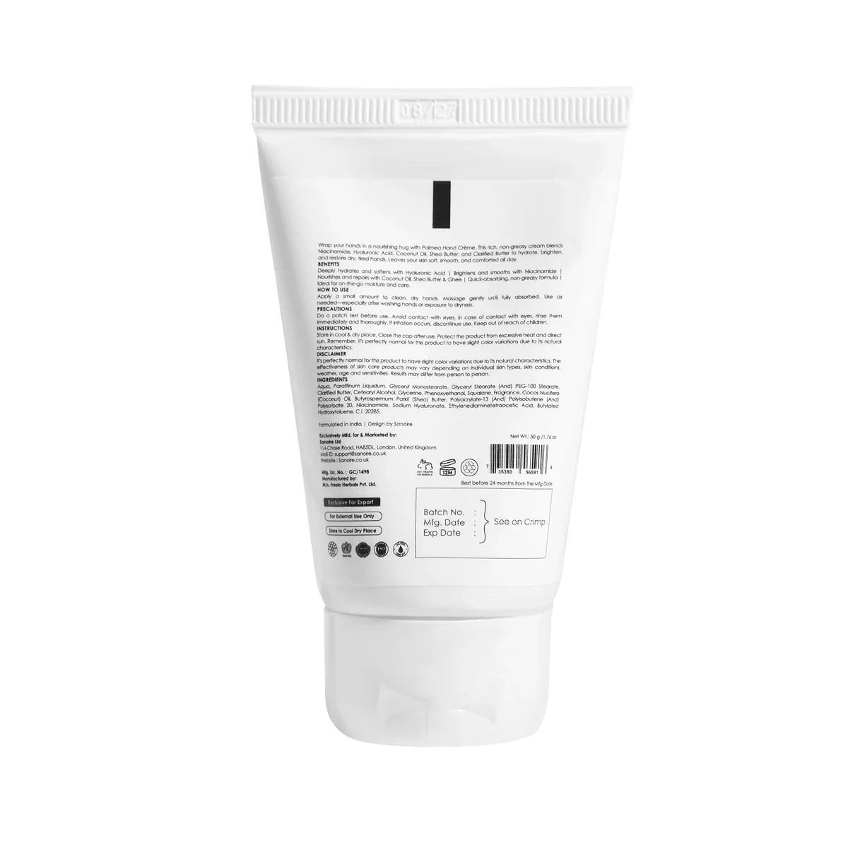 Back view of a white skincare hand cream tube showing product details and ingredients list