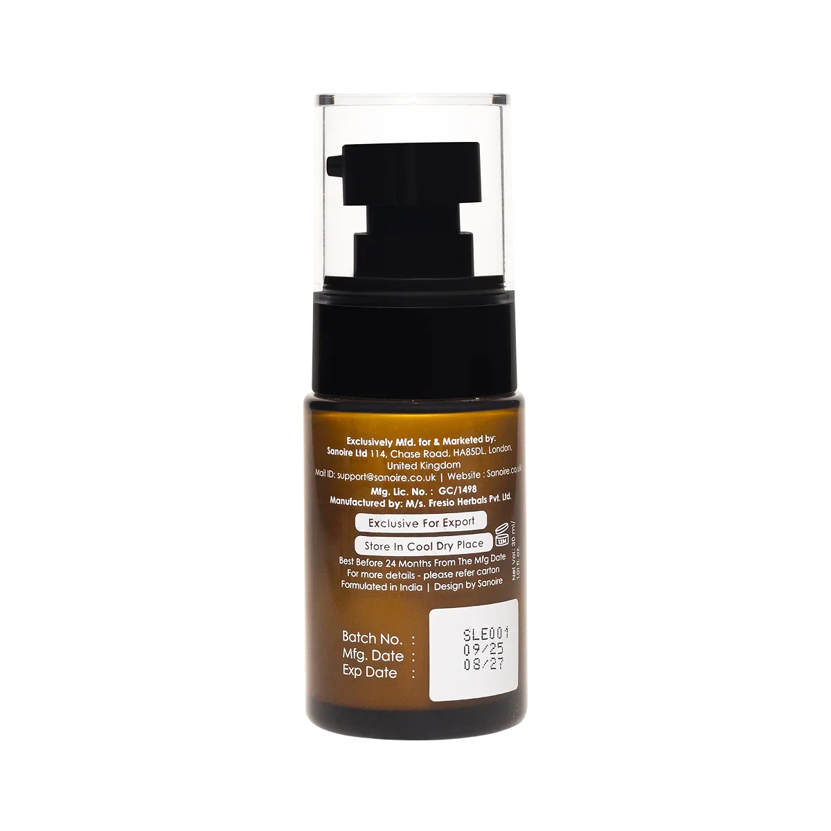 Close-up of a brown skincare serum bottle with pump and ingredient label, black background