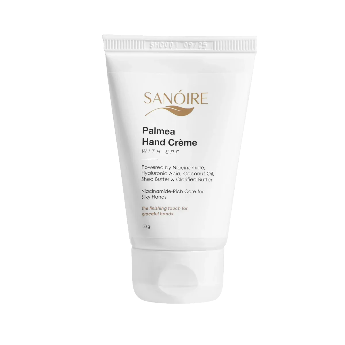 Palmea Hand Creme tube with SPF, niacinamide, hyaluronic acid, coconut oil, shea butter