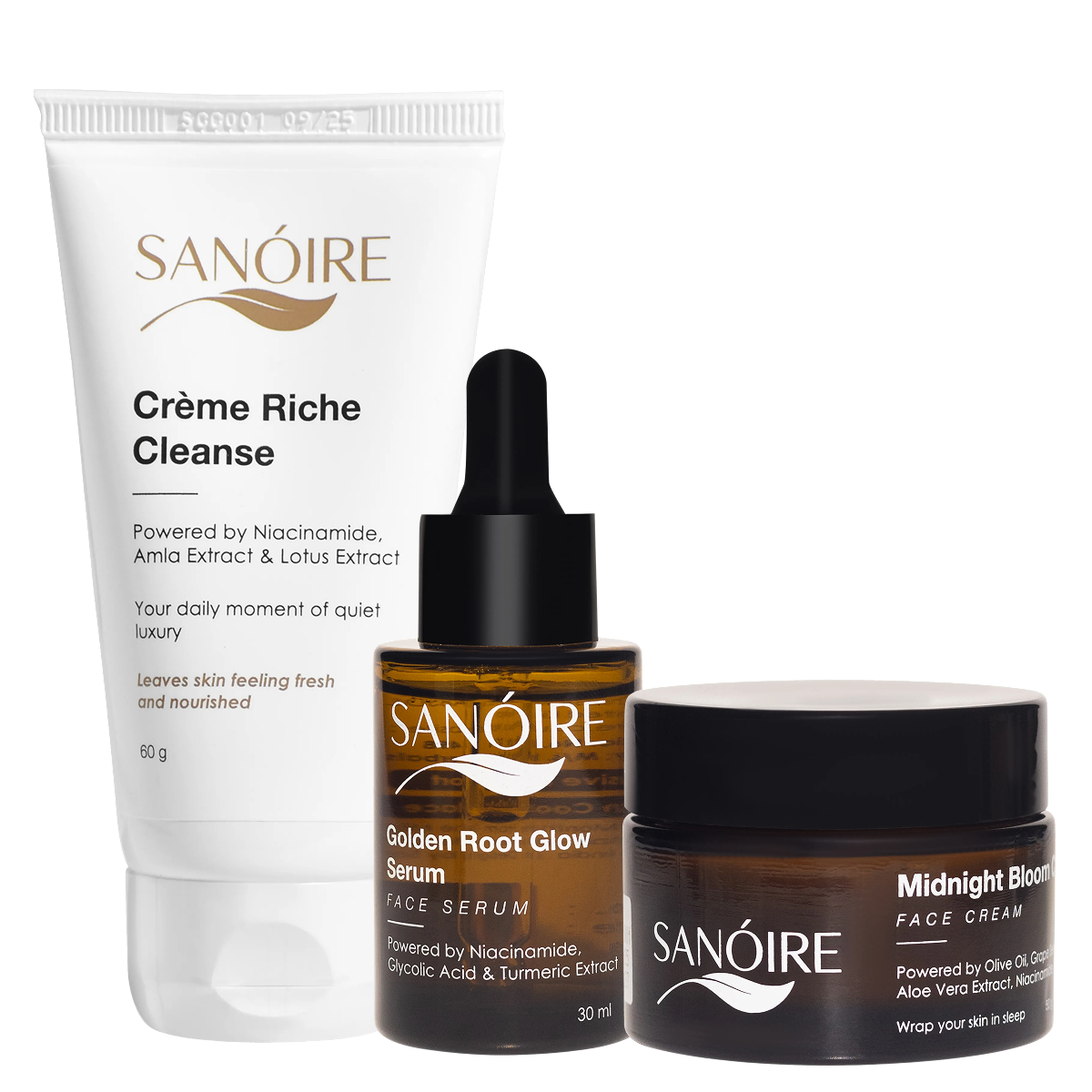 Skincare set with cleanser, serum, and face cream featuring niacinamide and natural extracts