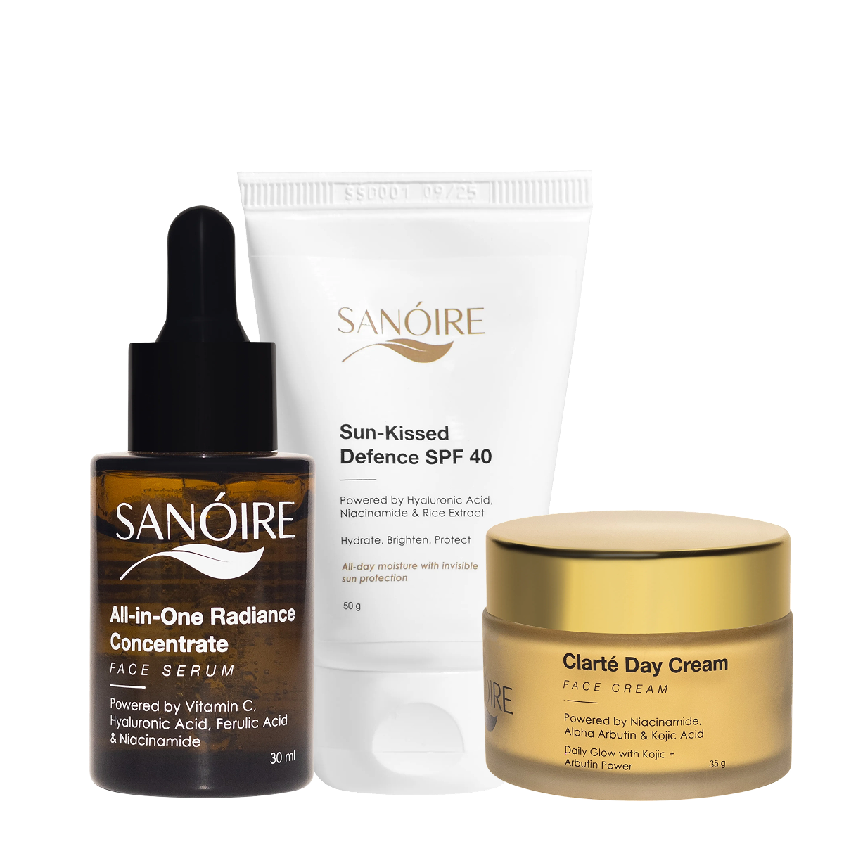 Three skincare products including a face serum, SPF 40 sunscreen, and day cream with active ingredients.