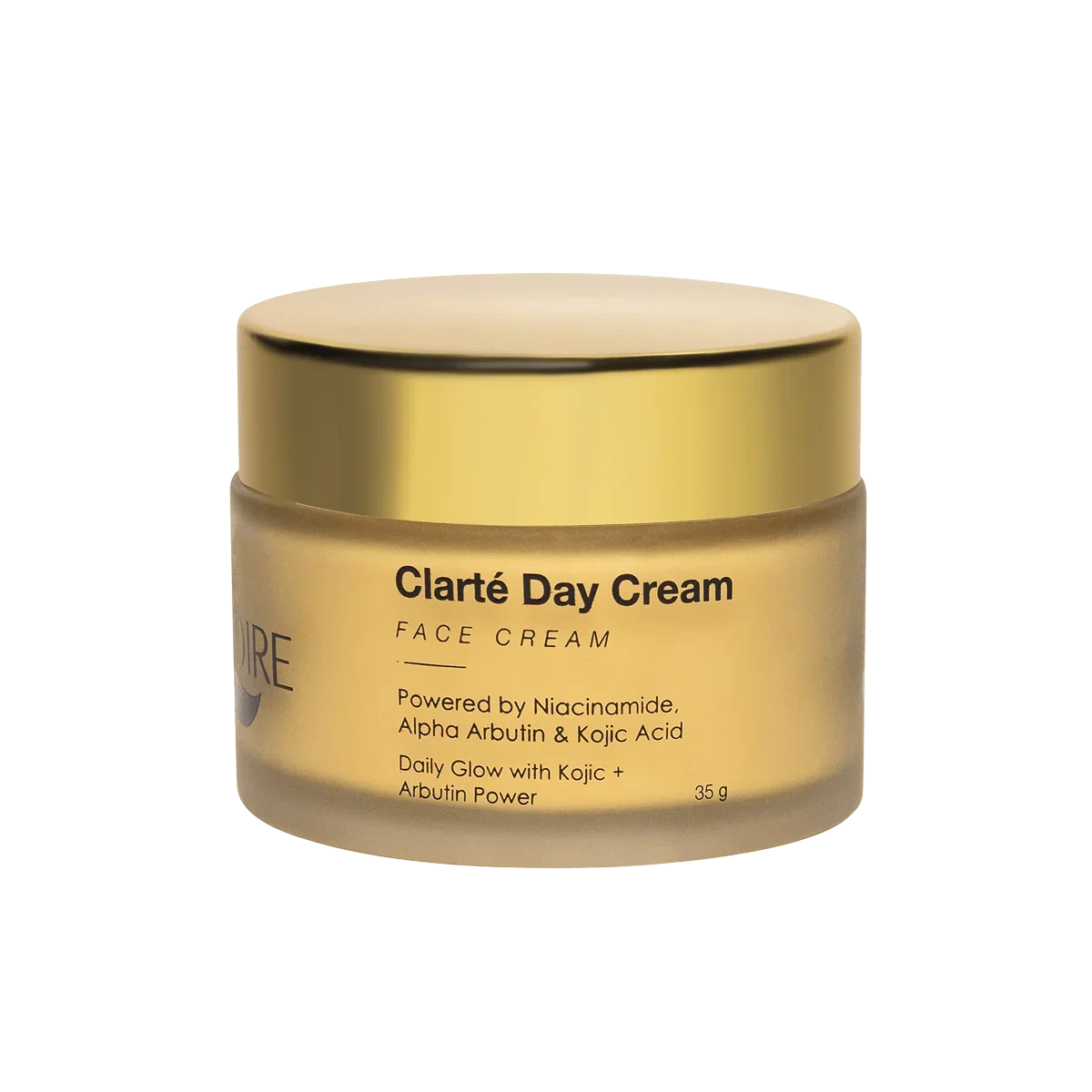 Clarté Day Cream face cream jar with gold lid, highlighting niacinamide, alpha arbutin, kojic acid