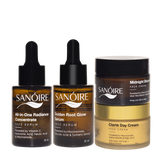 Skincare serums and creams with droppers and jars, featuring labels for radiance and glow