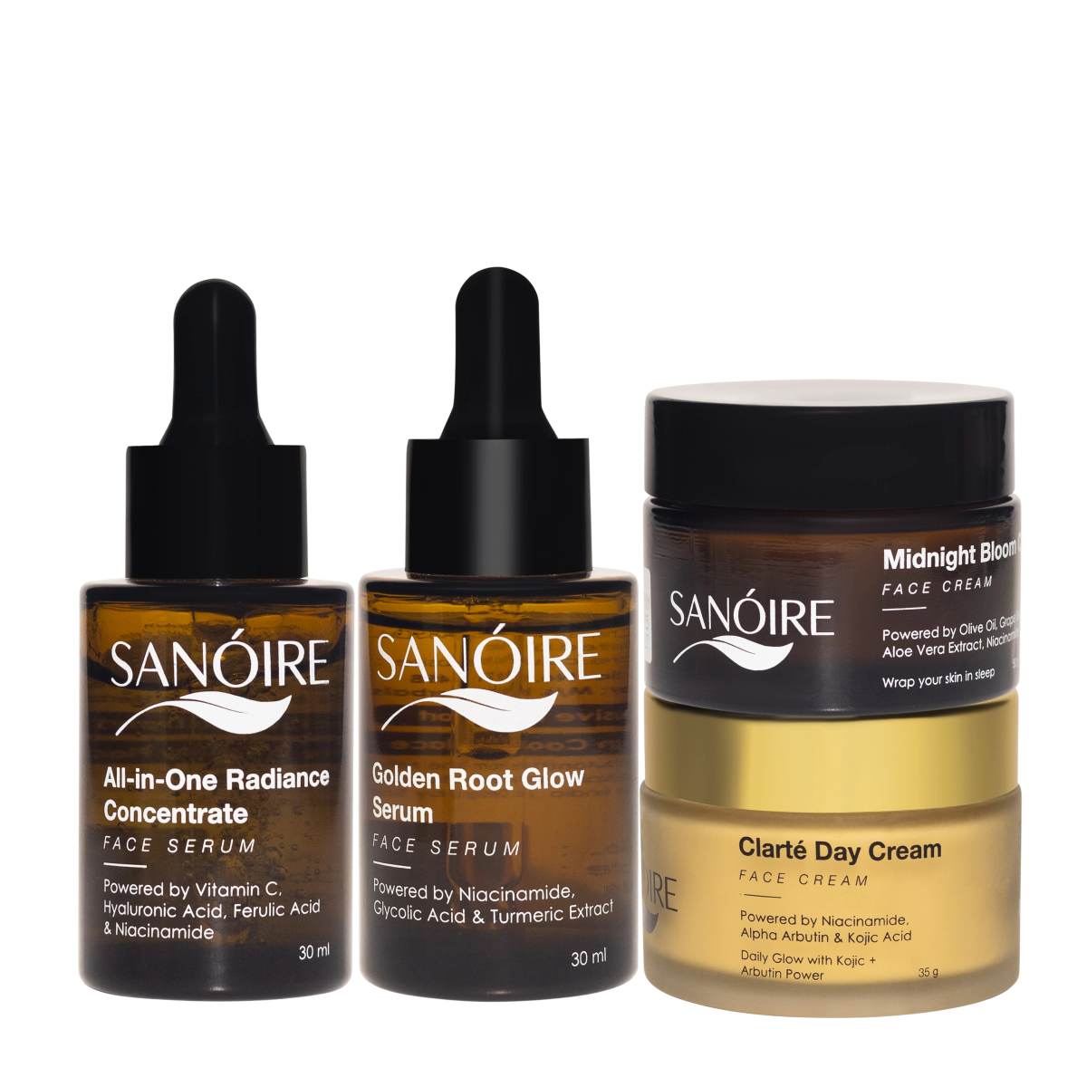 Skincare serums and creams with droppers and jars, featuring labels for radiance and glow