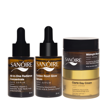 Skincare serums and creams with droppers and jars, featuring labels for radiance and glow