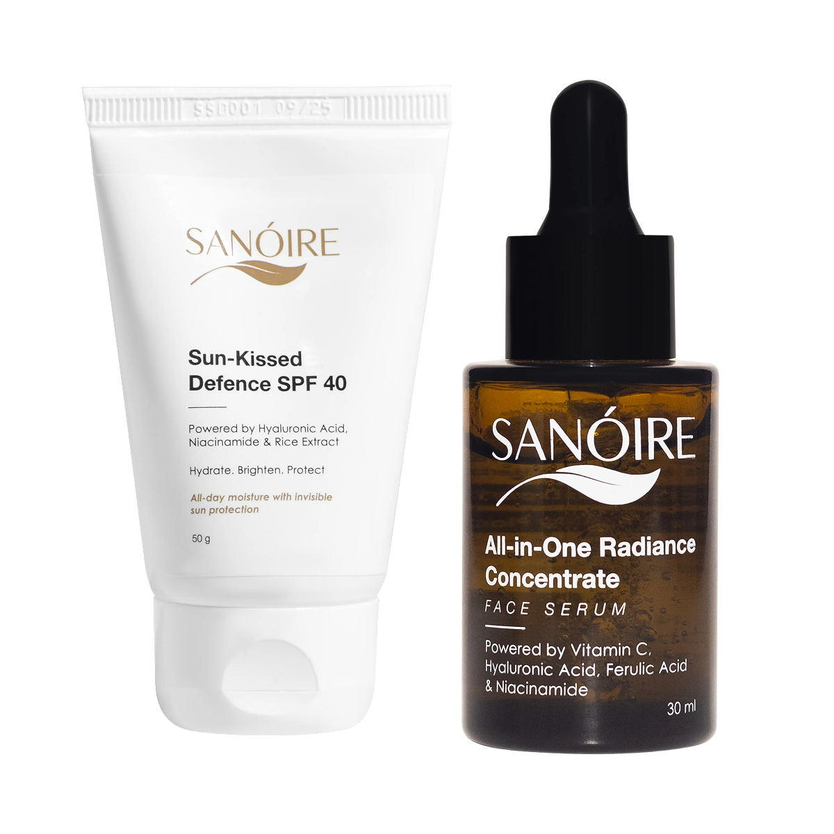 Sun-Kissed Defence SPF 40 sunscreen and All-in-One Radiance Concentrate serum for skincare