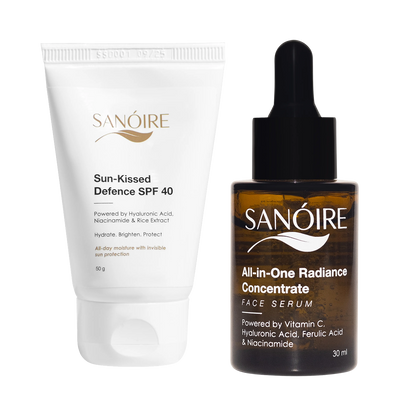 Sun-Kissed Defence SPF 40 sunscreen and All-in-One Radiance Concentrate serum for skincare