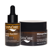 Golden Root Glow face serum dropper bottle and Midnight Bloom face cream jar for skincare