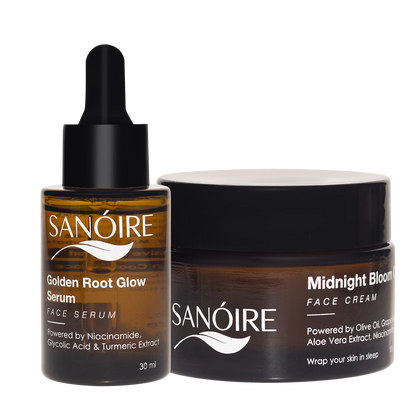 Golden Root Glow face serum dropper bottle and Midnight Bloom face cream jar for skincare