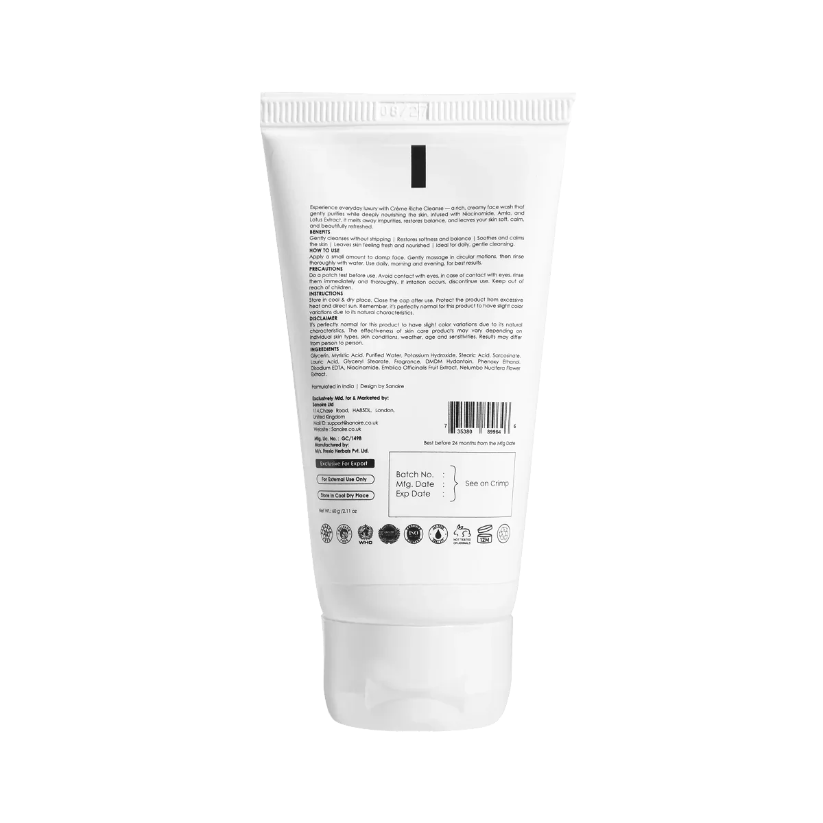 Back view of a white skincare face wash tube showing product information and ingredients list.