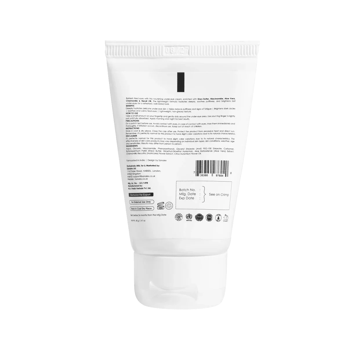 Back of a skincare cream tube showing usage instructions and ingredient list on white packaging