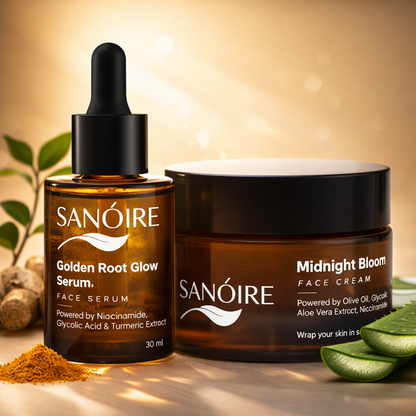Face serum and face cream duo with natural ingredients in amber containers on a warm background