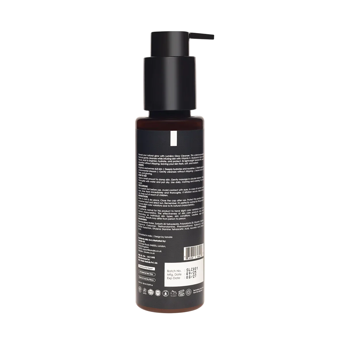 Back of a skincare cleanser bottle with pump, text detailing usage, ingredients, and batch info