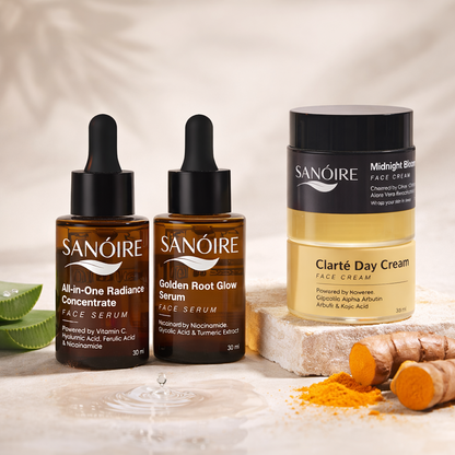 Two face serums and two face creams in amber and yellow bottles with turmeric and aloe, skincare products on a neutral background.