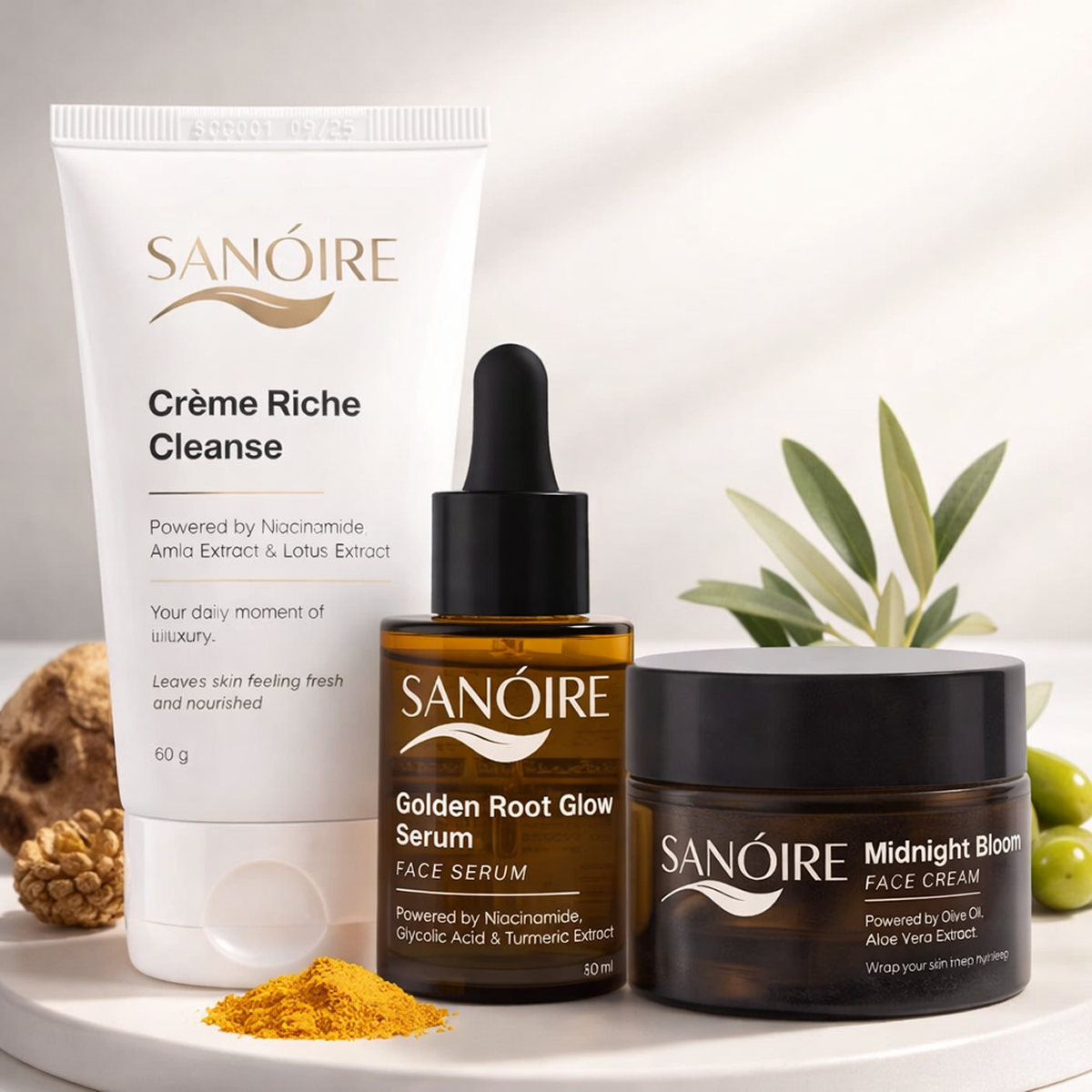 Science-led skincare set with cleanser, serum, and face cream, featuring natural ingredients