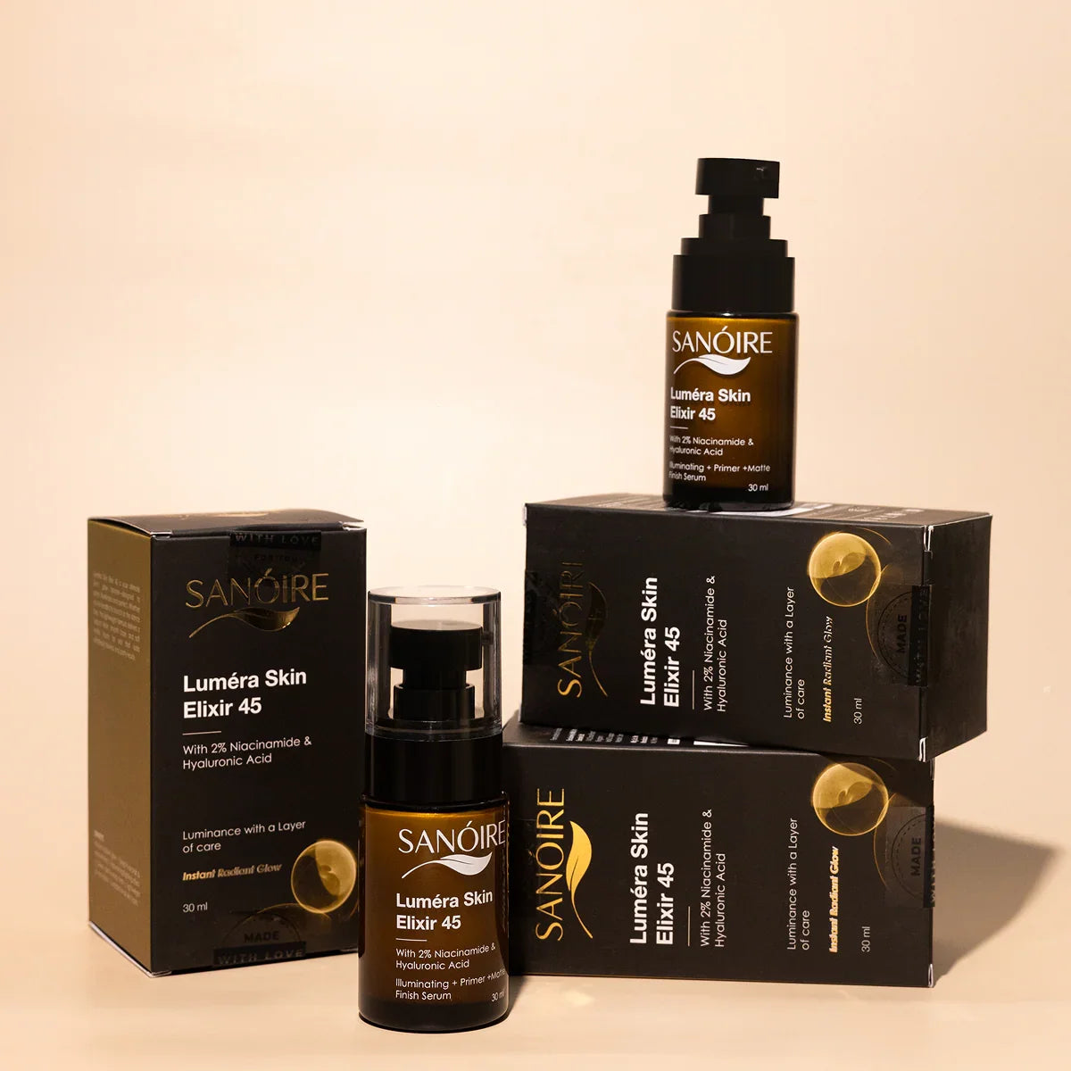 Luméra Skin Elixir 45 skincare serum bottles and boxes with niacinamide and hyaluronic acid