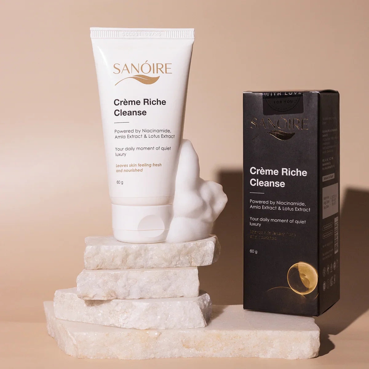 Crème Riche Cleanse skincare cleanser with niacinamide and lotus, tube and box display