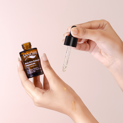 Hand applying Sanoire face serum with dropper, clear liquid on skin, skincare product