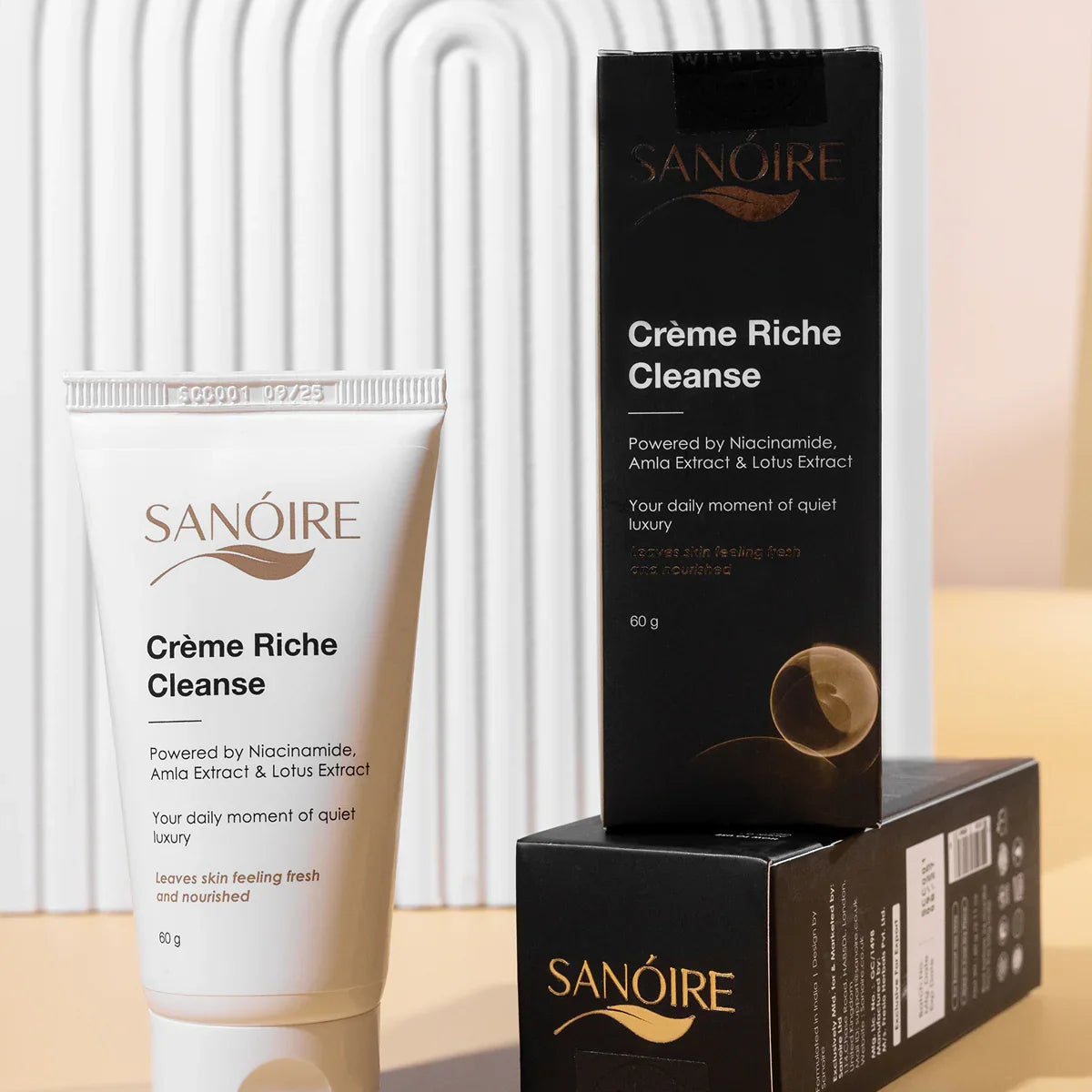 Crème Riche Cleanse skincare cleanser tube and box with niacinamide, amla, and lotus extract